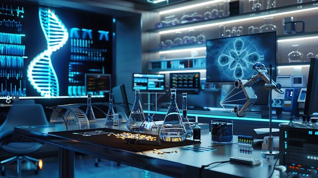 A bioengineering lab with gene editing tools, DNA samples, and computer systems analyzing genetic data.