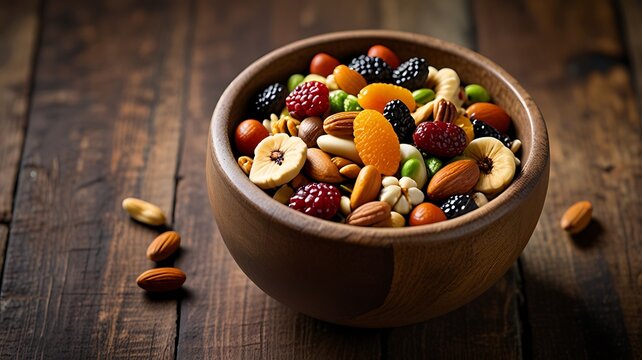 A rustic bowl filled with a vibrant trail mix of nuts, seeds, and dried fruits, offering a balanced