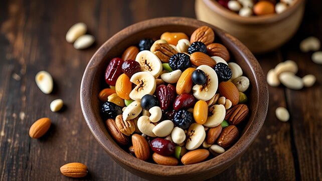 A rustic bowl filled with a vibrant trail mix of nuts, seeds, and dried fruits, offering a balanced