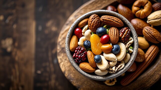 A rustic bowl filled with a vibrant trail mix of nuts, seeds, and dried fruits, offering a balanced - Powered by Adobe