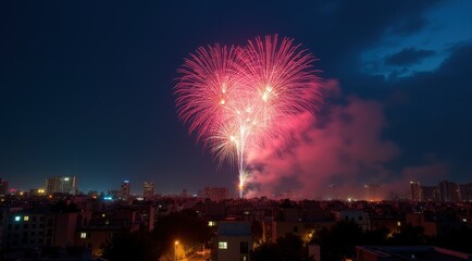 Bright red and gold fireworks illuminate the night sky over a cityscape, celebrating the New Year