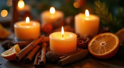 A cozy arrangement of glowing candles surrounded by cinnamon sticks and fresh orange slices creates a warm, festive atmosphere