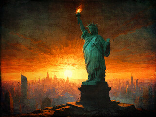 Die Freiheitsstatue in New York bei Sonnenuntergang über der Skyline der Stadt