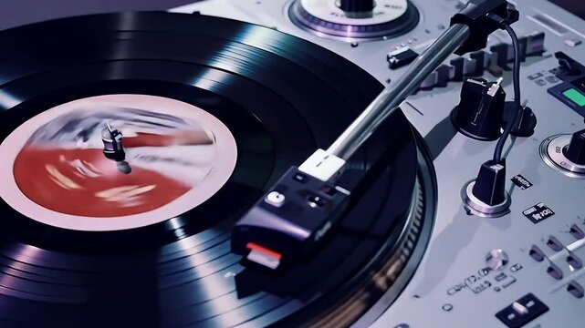 playing vinyl record filmed 4K spins music plays captured flat lay style highlight retro vibes vintage aesthetic player action deck disc jockey audio hip hop sound audiophile black deejay up high