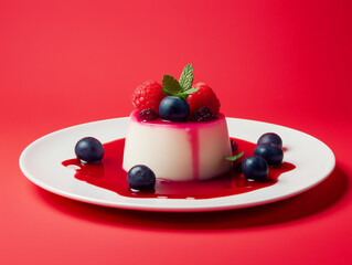 Elegant panna cotta dessert topped with fresh berries and a drizzle of berry sauce on a white plate. A gourmet treat with a modern presentation. - Powered by Adobe