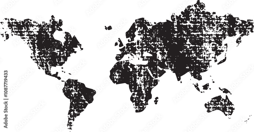 Poster stylish textured vector abstract world map in black isolated on white background. vector distressed 