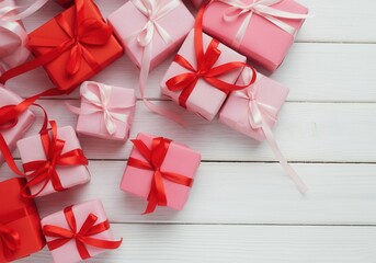 Pink and red gift boxes with ribbons are lying on a white wooden table, creating a festive atmosphere for valentine's day, birthdays, or other special occasions