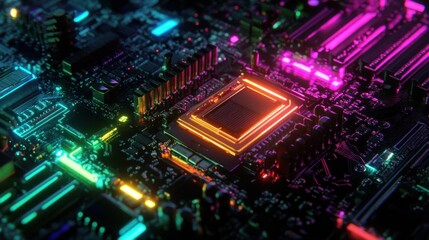 Fototapeta premium Background motherboard circuit neon rainbow glowing futuristic technology wallpaper AI generated image