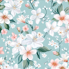 Light blue background white flowers and pink blossoms in a seamless pattern Vector illustration with pastel colors and a vintage style Handdrawn with fine details like