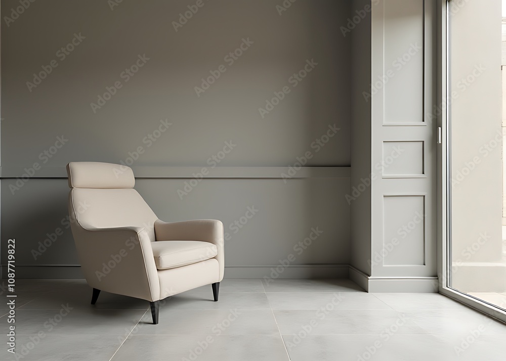 Poster minimalist beige chair sits in a gray room with textured walls and clean lines, showcasing modern de