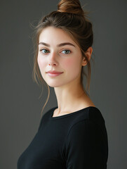 Fototapeta premium Portrait of a young woman with a calm expression, styled in a black shirt and bun hairstyle against a dark studio background. Modern elegance and beauty.