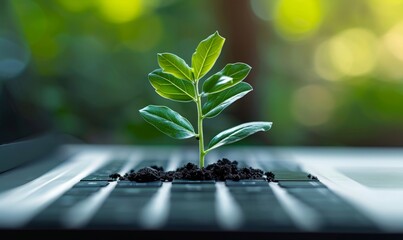 Green information technology. Environmentally Sustainable IT. Copy space. Green plant growing on laptop computer keyboard with green background. Environment green, Generative AI