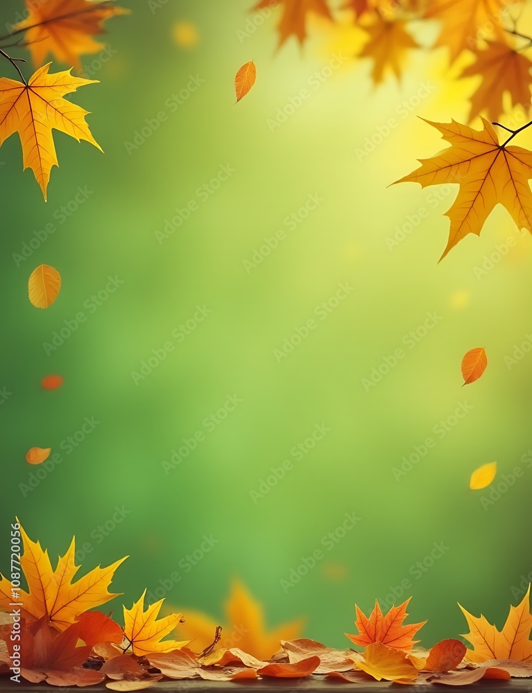 Wall mural simple autumn scene with fallen colorful leaves on a green background serves as a horizontal abstrac