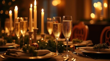 A festive candlelit dinner table is elegantly adorned with champagne flutes, festive decorations, and green foliage, creating a warm, inviting atmosphere