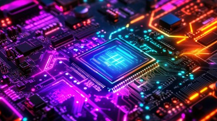 Obraz premium Background motherboard circuit neon rainbow glowing futuristic technology wallpaper AI generated image