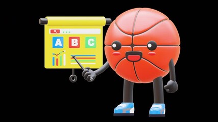 3D Basketball Character Pointing At Line Graph Showing Growth Suitable For Business And Data Analysis Concepts. Transparent Background. Alpha Background. Looping Animation. - Powered by Adobe