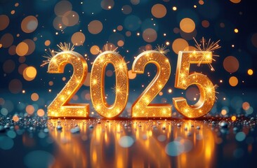 2025 on fireworks background, bokeh, background, lights. Festive New Year background, postcard, greeting.