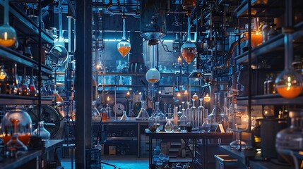 A chemistry laboratory with a complex network of glassware connected by tubes, and chemical reactions bubbling away in controlled environments.