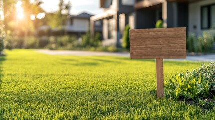 A wooden sign stands on a lush green lawn in a residential area.