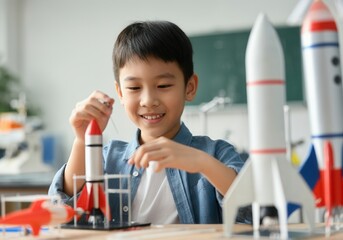 Happy young boy building a toy rocket in a science classroom