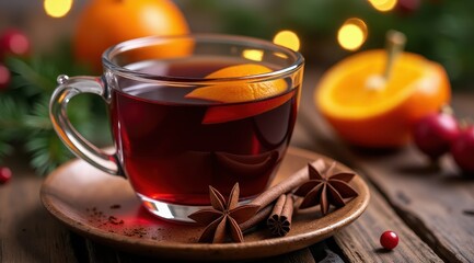 A steaming glass of mulled wine garnished with a fresh orange slice, surrounded by cinnamon sticks and star anise, set against a festive background