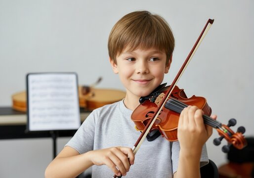 Young caucasian boy practicing violin during music lesson, smiling and looking away