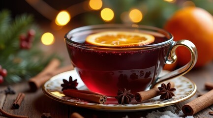 Fototapeta premium A glass cup of spiced mulled wine with a slice of orange, surrounded by cinnamon sticks and star anise, evokes a warm, festive atmosphere with blurred holiday lights