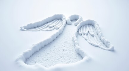 Snow angel imprint in freshly fallen snow creating a serene winter scene
