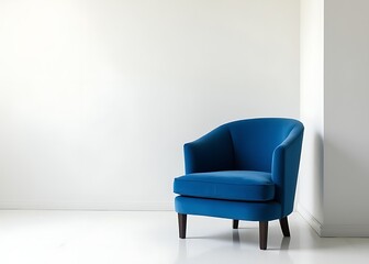 A blue velvet armchair sits comfortably in a modern studio with crisp white walls and a focus on clean design elements.