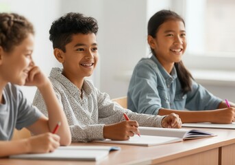 Fototapeta premium Multi-ethnic group of students writing and smiling during class at elementary school