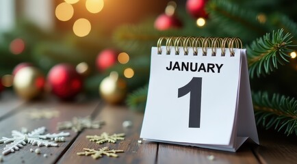 New year calendar with January 1 date surrounded by Christmas decorations and festive bokeh lights