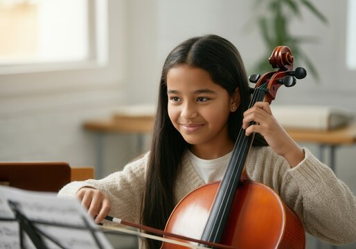 Young latina musician practicing cello following sheet music at home or in a classroom