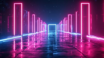 Fototapeta premium Retro concept background of futuristic glowing long hallway grid lines neon purple blue wallpaper AI generated image