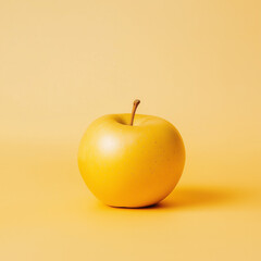 A golden yellow apple placed on a solid yellow background. The minimalist and monochromatic composition highlights the fruit's smooth and glossy texture.