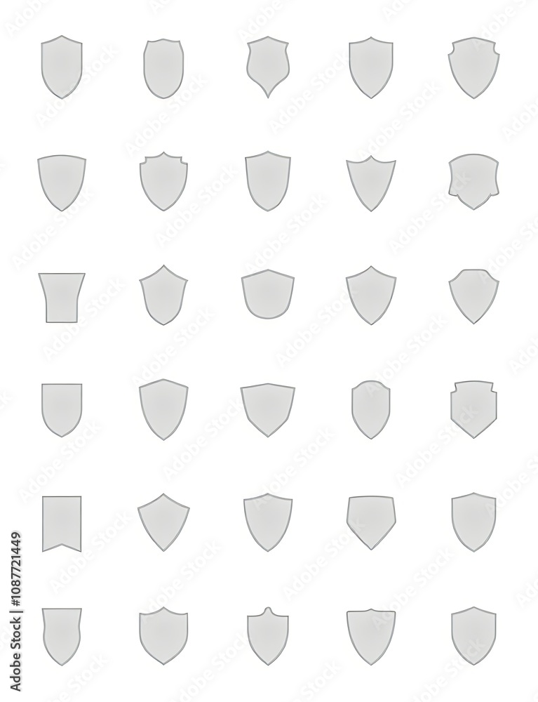 Poster a collection of 36 shield icons in various shapes, including pointed and rounded logos with a focus 