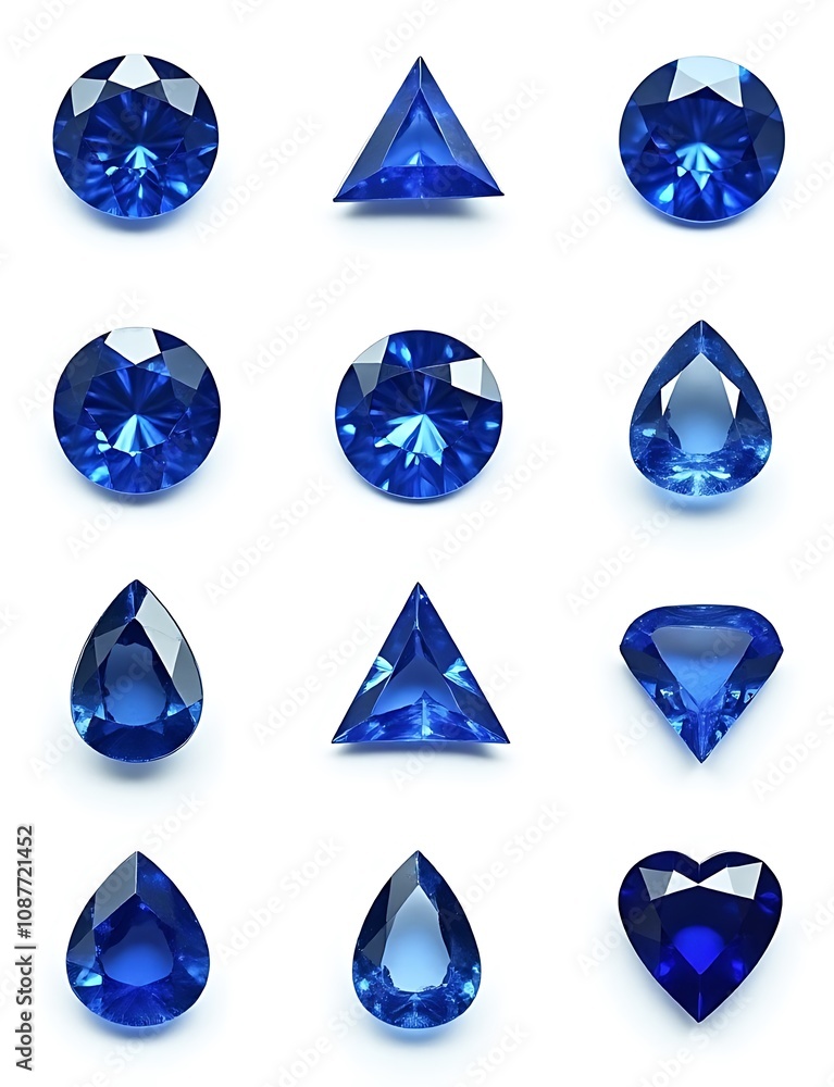 Poster A collection of sapphires in various shapes including circles, triangles, drops and other geometric forms set against a white background.