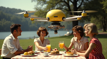 A family enjoys a sunny picnic by the lake while a robotic drone serves lemonade and sandwiches, creating a fun and futuristic dining experience in retro style