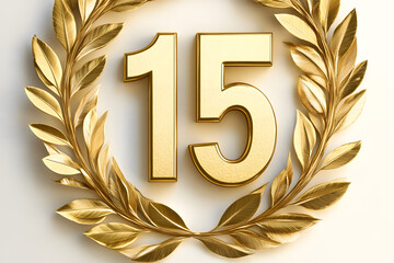 Golden number 15 encircled by a laurel wreath, symbolizing achievement, anniversary, success, and excellence. Perfect for celebrating milestones, awards, and accomplishments