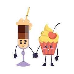 Cute Coffee and Cupcake Product with Smiling Face and Legs Holding Hands Vector Illustration