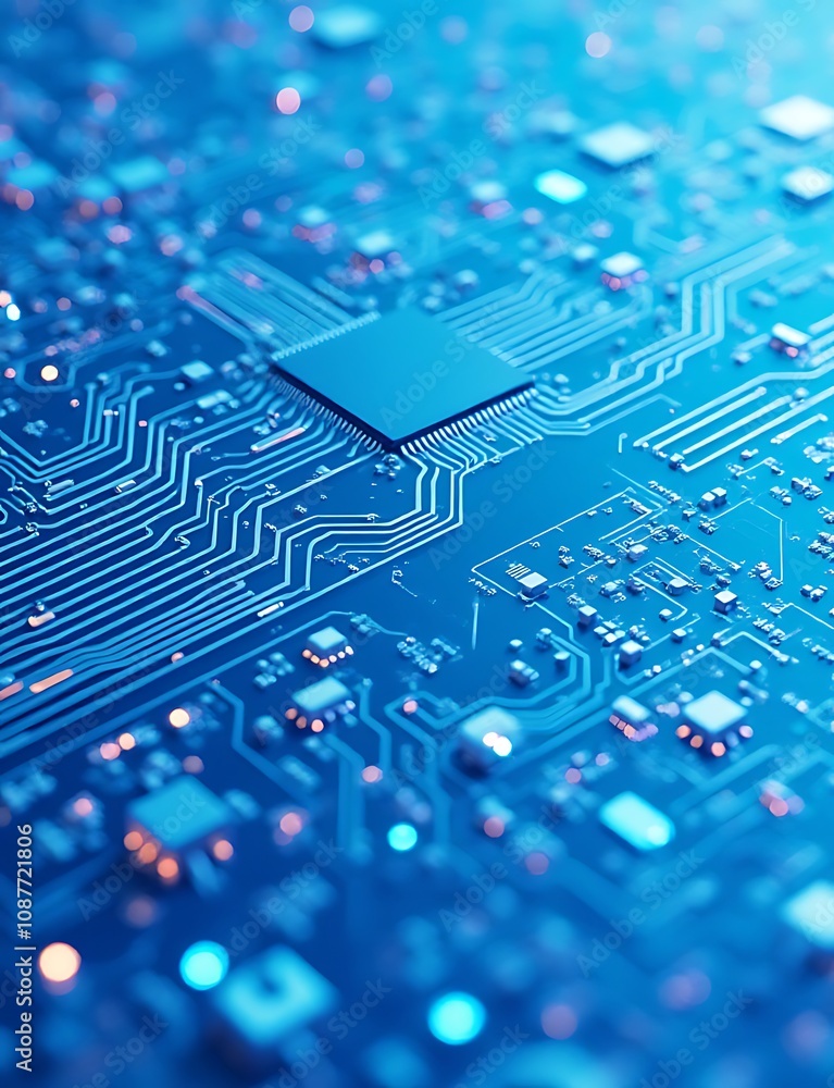 Poster A computer circuit board with light blue and pastel colors, flat vector design for use as a horizontal backdrop in electronic illustrations.