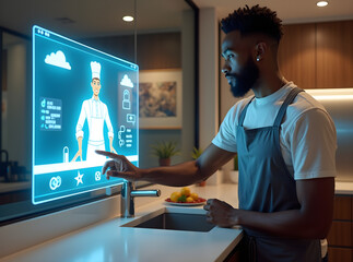 A young black male interacts with a holographic cooking assistant projected above a sleek kitchen counter while preparing a meal