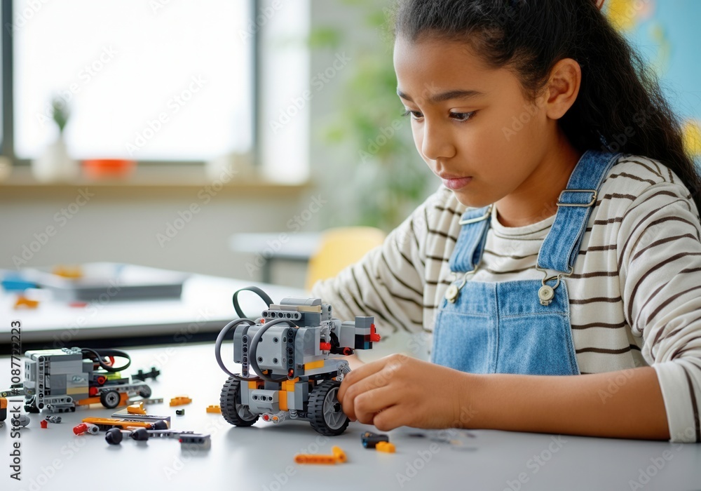 Poster focused mixed race schoolgirl assembling robotics project in classroom, developing engineering skill