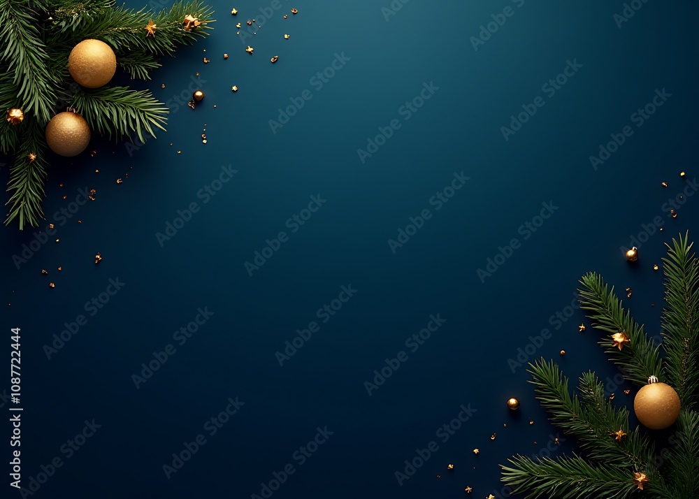 Poster a dark blue background features golden christmas decorations and fir branches with a wide horizontal