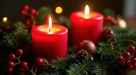 Lit red candles surrounded by evergreen branches and berries, creating a cozy holiday atmosphere