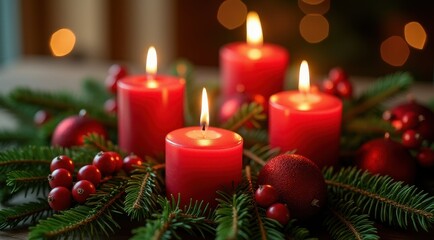 Lit red candles surrounded by evergreen branches and berries, creating a cozy holiday atmosphere