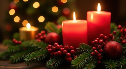 Lit red candles surrounded by evergreen branches and berries, creating a cozy holiday atmosphere