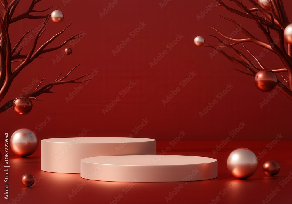 Poster two empty round podiums on red background with metallic branches and spheres for product presentatio