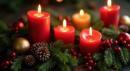 Red Christmas candles surrounded by festive greenery and berries for a warm holiday feel