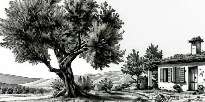 Cottage in an olive grove, engraved , white background, 4K Video