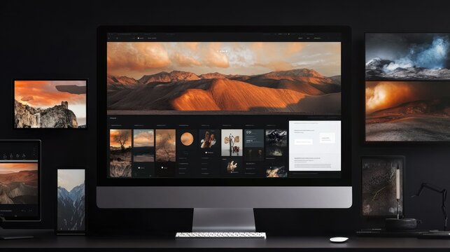 The monitor screen display a collection of photos for editing material with modern software, technology advertising promotions background wallpaper AI generated image